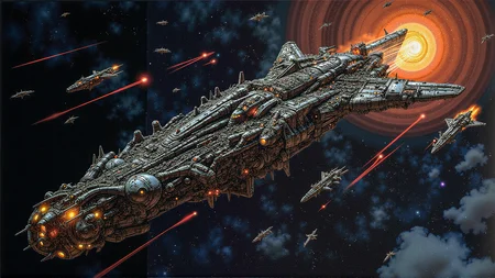 "A cosmic war unfolds in the void of space, with massive starships and alien armadas clashing in an epic battle. The starships are colossal, with intricate designs that blend organic and technological elements. Explosions and beams of energy light up the darkness, as smaller fighter ships dart between the larger vessels. In the distance, a black hole looms, pulling in debris and wreckage, adding a sense of impending doom to the scene." <lora:metal_hurlant_v1:1>