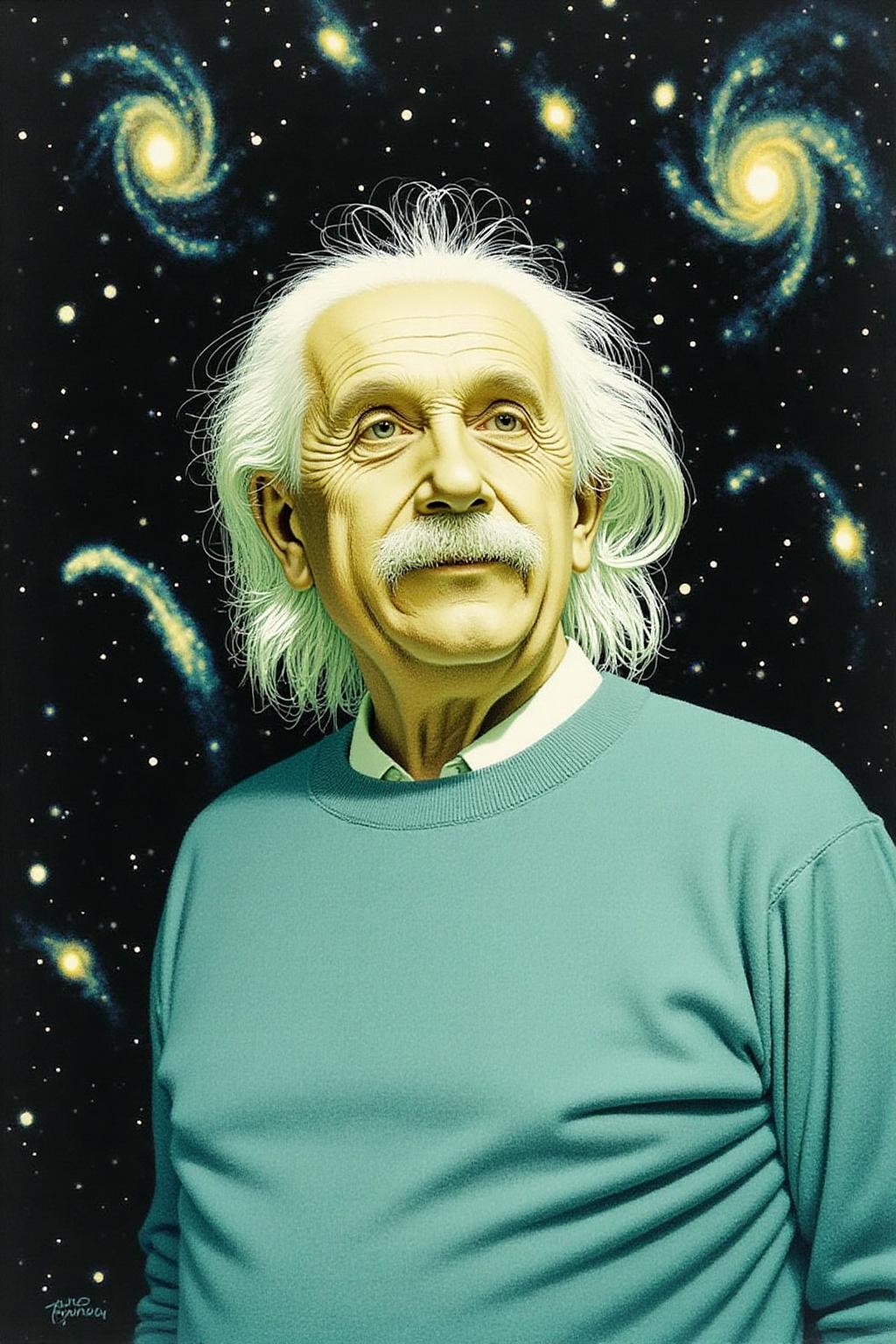 jeanleonhuens1 illustration.
Albert Einstein, a scientist, is wearing a light blue sweater over a white collared shirt and stands in front of a cosmic scene with several galaxies and stars. <lora:jeanleonhuens1_ap_d6a3e12:1.0><lora:844821789688332975:0>