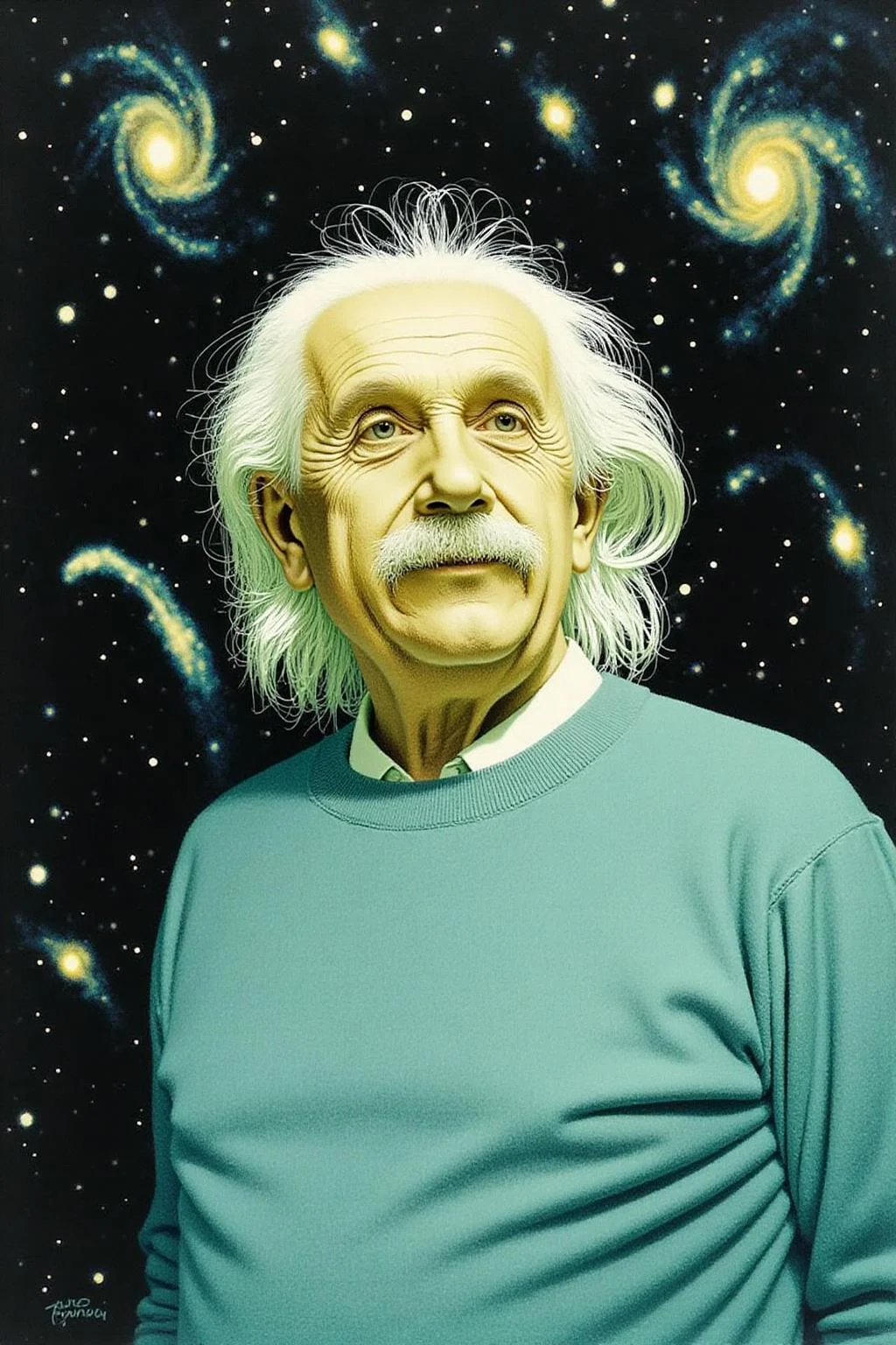 jeanleonhuens1 illustration.
Albert Einstein, a scientist, is wearing a light blue sweater over a white collared shirt and stands in front of a cosmic scene with several galaxies and stars. <lora:jeanleonhuens1_ap_d6a3e12:1.0><lora:844821789688332975:0>