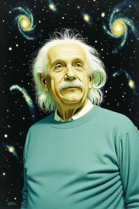 jeanleonhuens1 illustration.
Albert Einstein, a scientist, is wearing a light blue sweater over a white collared shirt and stands in front of a cosmic scene with several galaxies and stars. <lora:jeanleonhuens1_ap_d6a3e12:1.0><lora:844821789688332975:0>