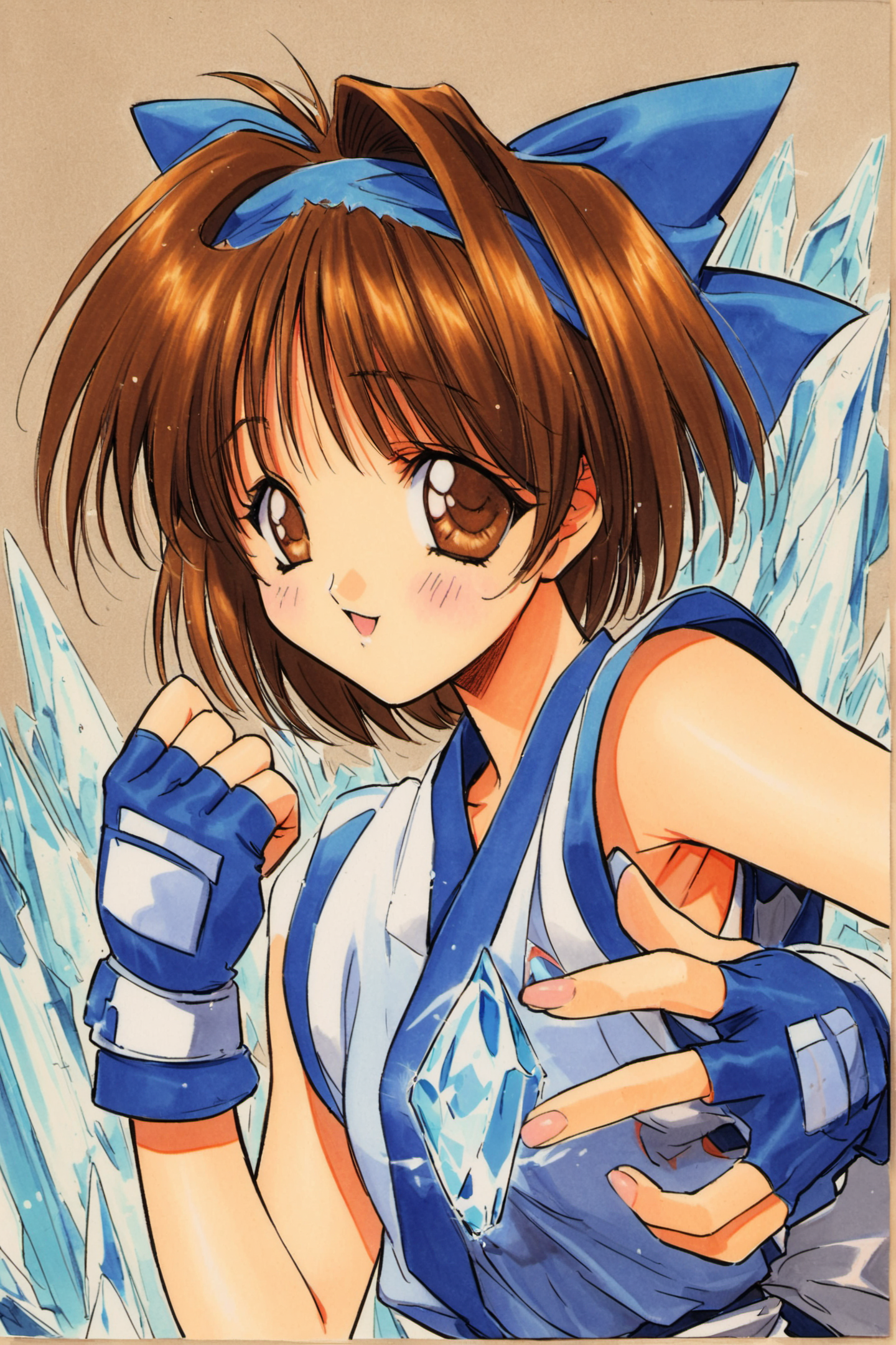 Rimururu,1girl,solo,1990s (style),retro artstyle,brown hair,brown eyes,bow,fingerless gloves,gloves,blue hairband,short hair,blue clothes,ainu clothes,ribbon,ice,crystal,traditional media,<lora:Aoi Nanase_XL:0.9>,