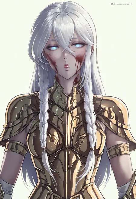 masterpiece, best quality,
1girl,
solo, armor, looking at viewer, blue eyes, white hair, gauntlets, upper body, long hair, wings, braid, hair between eyes, breastplate, blood, closed mouth, blood on face, scar, simple background, expressionless, fantasy, scar on neck, angel wings, single wing, wing armor, bare shoulders, white wings, feathered wings, gold armor, armlet, gold trim, white background, twitter username
<lora:1111111XLlokr8f-000187:0.95><lora:Sinozick_Style_XL_Pony:0.8><lora:Masami_Kurumada_PonyXL_style_v01.10.025:0.7>.