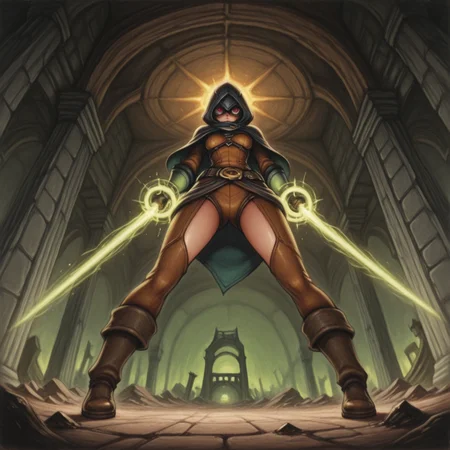 <lora:DarkfireLabs_Colored_Pencil:1> colored pencil \(medium\) traditional media,
1girl, solo, thief, fantasy, ruins,
powerful moment, thief-mage channeling a surge of magic to shatter an enchanted barrier, energy crackling around them, glowing runes breaking apart, dynamic lighting, from below view
