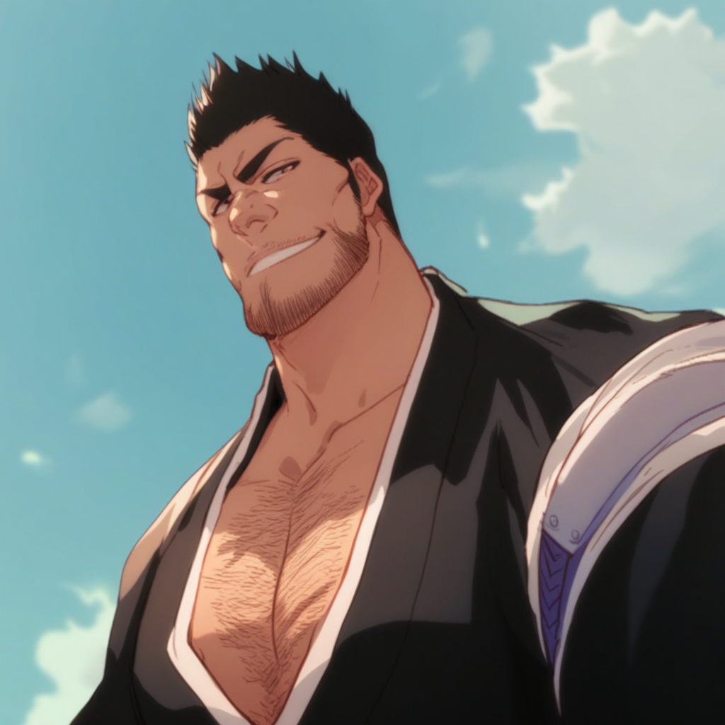 score_9, score_8_up, score_7_up, isshin, male focus, solo, facial hair, 1man, smirk, from below, japanese clothes, stubble, pectoral cleavage, chest hair, mature male,