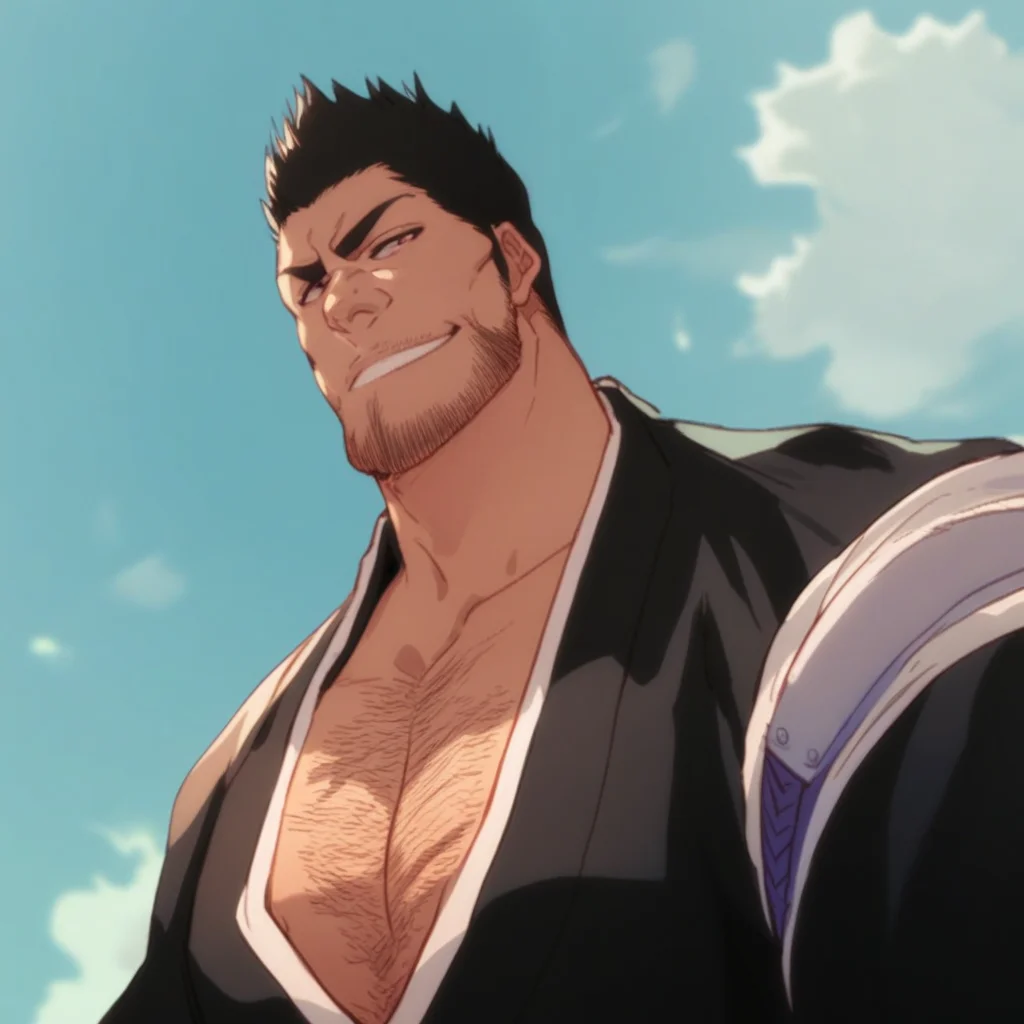 score_9, score_8_up, score_7_up, isshin, male focus, solo, facial hair, 1man, smirk, from below, japanese clothes, stubble, pectoral cleavage, chest hair, mature male,