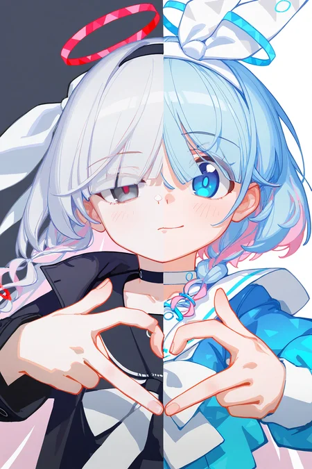 plana \(blue archive\),arona \(blue archive\),
2girls,
(idol:1.2),(split theme:1.2),polar opposites,split screen,symmetry,(symmetrical pose:1.1),heart_hands,w,
[artist:alpha],(artist:ciloranko),solo,[artist:sho (sho lwlw)],[tianliang duohe fangdongye],[artist:rhasta],year 2023,(wlop:0.4),
best quality,amazing quality,very aesthetic,absurdres,