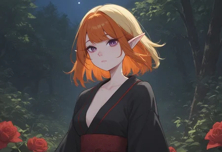 score_9, score_8_up, score_7_up, extremely detailed, 1girl, elf, pale skin, cute face, violet eyes, medium length hair, two-tone hair, blonde hair, ginger hair, medium breasts, wearing a loose black kimono with red trim and red floral pattern, standing in a forest, night, moonlight