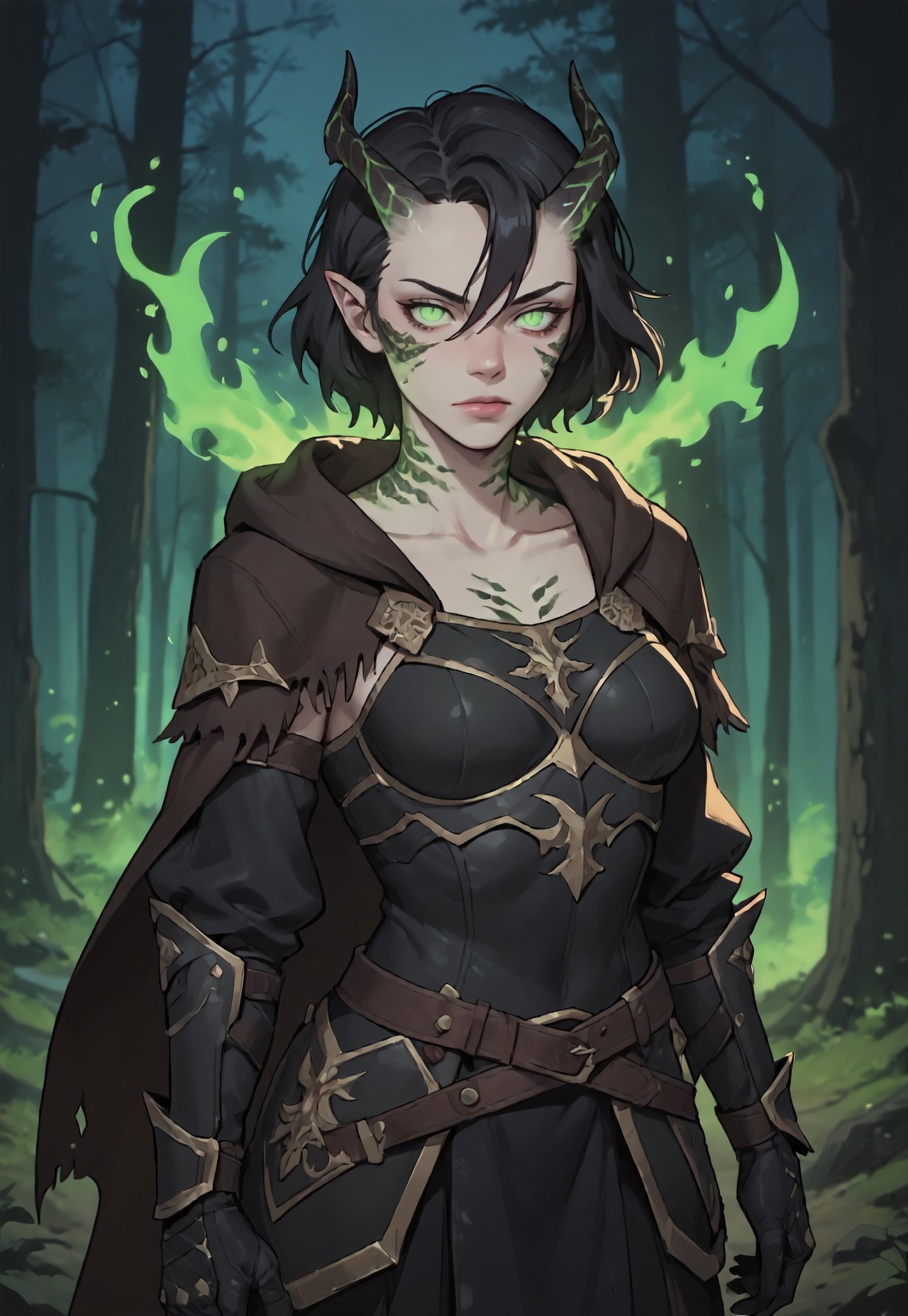 safe_pos, ((zPDXL3)), score_9, score_8_up, score_7_up, score_6_up, score_5_up, score_4_up,
1girl, solo, Adult Woman, Slender Build, pale skin, short hair, wild hair, hair between eyes, looking at viewer, pale green eyes, slit pupils, black pupils, plain expression, medium breast, black hair, (extremely detailed face and eyes), closed mouth, collarbone, outdoors, tree, night, nature, leather armor, forest, in tree, hood, fur cloak, horns, neck scales, sholder scales, casting spell, green energy, green ball, glowing green fire, black scales, black dragon, dragon girl,