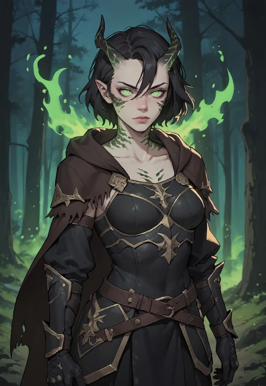 safe_pos, ((zPDXL3)), score_9, score_8_up, score_7_up, score_6_up, score_5_up, score_4_up,
1girl, solo, Adult Woman, Slender Build, pale skin, short hair, wild hair, hair between eyes, looking at viewer, pale green eyes, slit pupils, black pupils, plain expression, medium breast, black hair, (extremely detailed face and eyes), closed mouth, collarbone, outdoors, tree, night, nature, leather armor, forest, in tree, hood, fur cloak, horns, neck scales, sholder scales, casting spell, green energy, green ball, glowing green fire, black scales, black dragon, dragon girl,