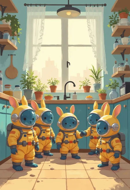 illustration of a bunch of tiny micro space bunnies wearing yellow and blue space suit, with a round helmet with metalic rabbit ears, exploring kitchen, funny, playful, cinematic wide angle , raw, analog, detailed kitchen background blankmj l10nhe43t i11ustmin