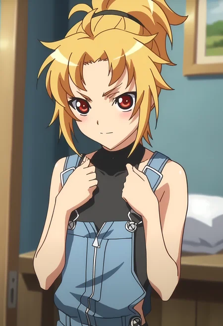 score_9, score_8_up, score_7_up, source_anime, 2d, Elizabeth Lizzie, 1girl, blond hair, medium hair, ponytail, red eyes, black shirt, blue overalls, blue trousers, black hairband, room, hands up, anime coloring, anime screencap, detailed eyes, zPDXL, perfect faces, uncensored, rating_explicit <lora:elizabeth_lizzie_1:1>