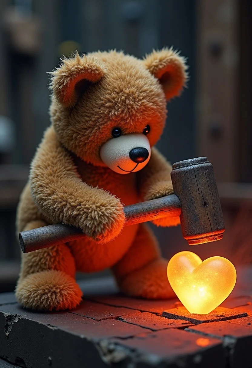 Highly detailed digital photograph, A teddy bear is about to swing a hammer at a heart object in the forge,