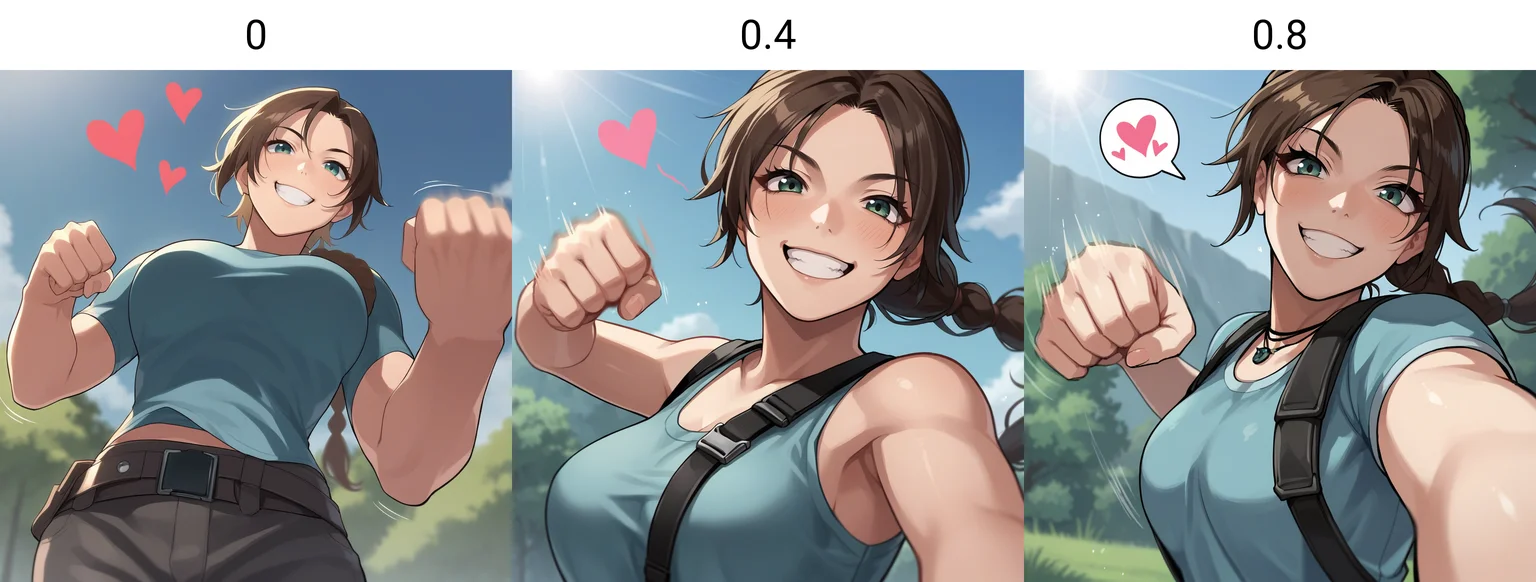 score_9, score_8_up, score_7_up, score_6_up, score_5_up, score_4_up, zPDXL2,source_anime,rating_questionable, solo, outdoors, smile, happy, hearts, low angle,1girl, Lara Croft <lora:Punching_POV:0> p4nch, looking at viewer, punching, clenched hand, motion lines, motion blur