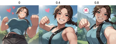 score_9, score_8_up, score_7_up, score_6_up, score_5_up, score_4_up, zPDXL2,source_anime,rating_questionable, solo, outdoors, smile, happy, hearts, low angle,1girl, Lara Croft <lora:Punching_POV:0> p4nch, looking at viewer, punching, clenched hand, motion lines, motion blur