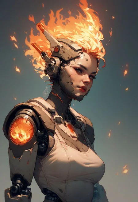 score_9, score_8_up, score_7_up, score_6_up, 1girl, solo, machine parts moved by fire, human face
