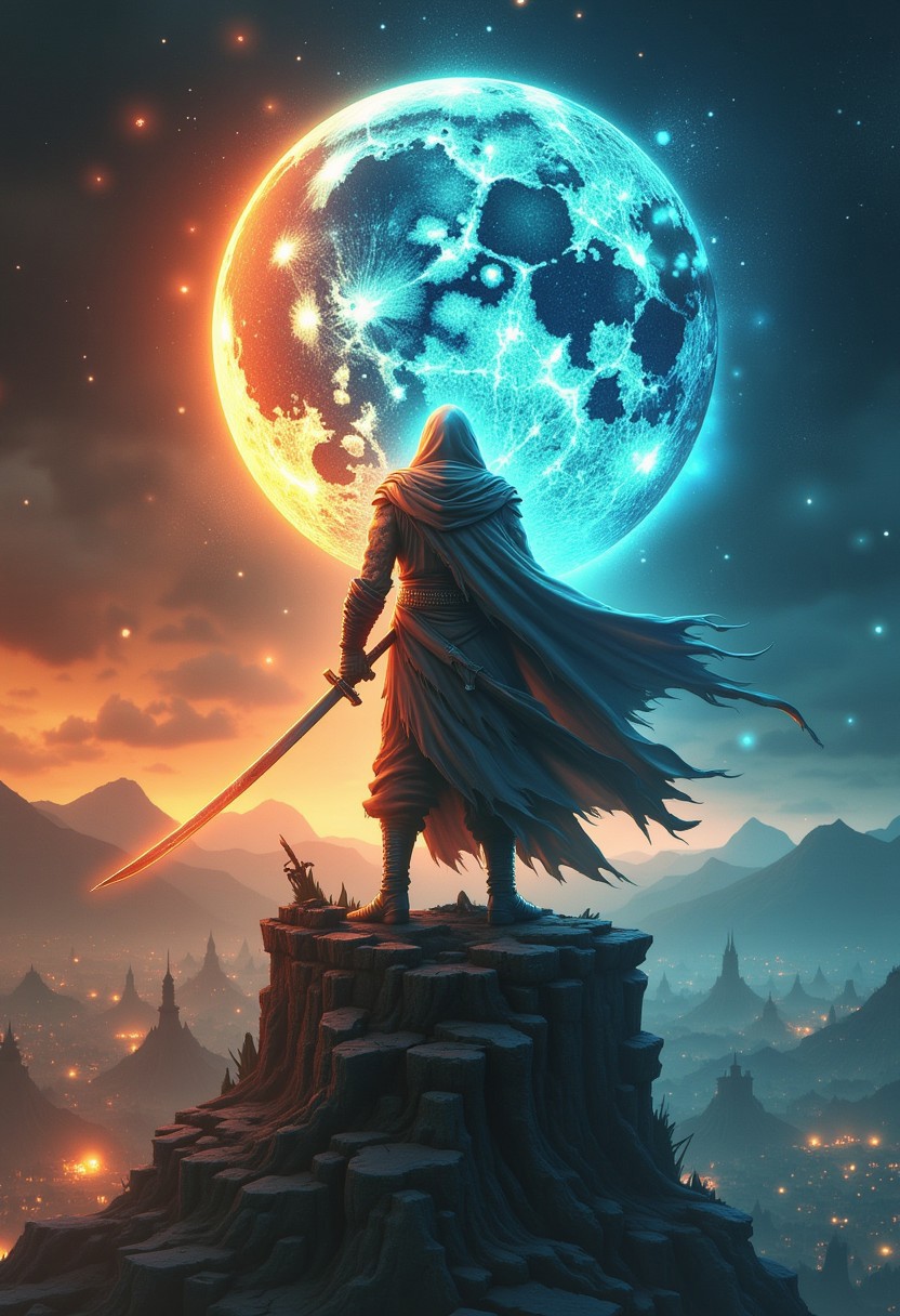 A lone swordsman stands atop a crumbling tower under a shattered moon, wielding a glowing katana infused with celestial energy. His tattered cloak billows in the wind, revealing intricate tattoos glowing faintly on his arms. Around him, ghostly spirits and fragments of constellations swirl, creating an ethereal, high-stakes atmosphere. The background transitions from a fiery orange sky to a deep blue cosmic abyss, with falling stars and faint galaxies in the distance,
bo-christmas