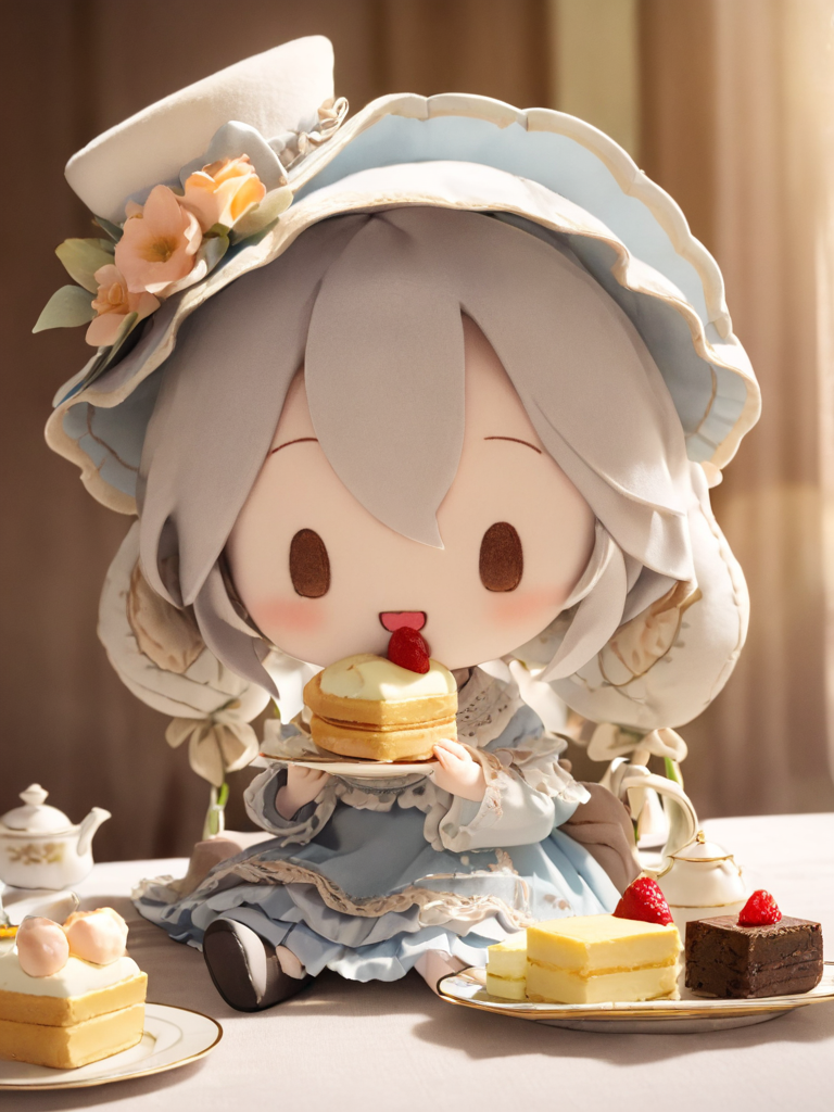 fu1fu,character doll,chibi,.eating desert,afternoon tea,English style tea,.masterpiece,best quality,highres,delicate details,.,
<lora:fufu_xl:1>,