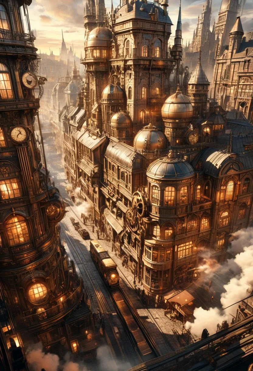 (best quality, 8k, high res, masterpiece:1.2), photorealistic, ultra-detailed, vibrant photography of a picturesque steampunk city at sunset.
Create a vivid depiction of a bustling steampunk cityscape, where Victorian-era aesthetics blend with fantastical steam-powered technology. Imagine towering brass and copper buildings adorned with intricate gears and pipes, steam billowing from every corner. Capture the essence of this alternate reality, where airships sail amidst clockwork skyscrapers, and cobblestone streets are bustling with eccentrically dressed denizens. Let your imagination roam through the winding alleys and bustling marketplaces of this vibrant steampunk metropolis, where innovation meets nostalgia in a world powered by steam and imagination.
(dynamic angle, cinematic lighting, ethereal atmosphere:1.1), (extremely detailed:1.2), (vivid colors:1.3), (perfect composition:1.2), (sharp focus, stunning realism:1.2)
