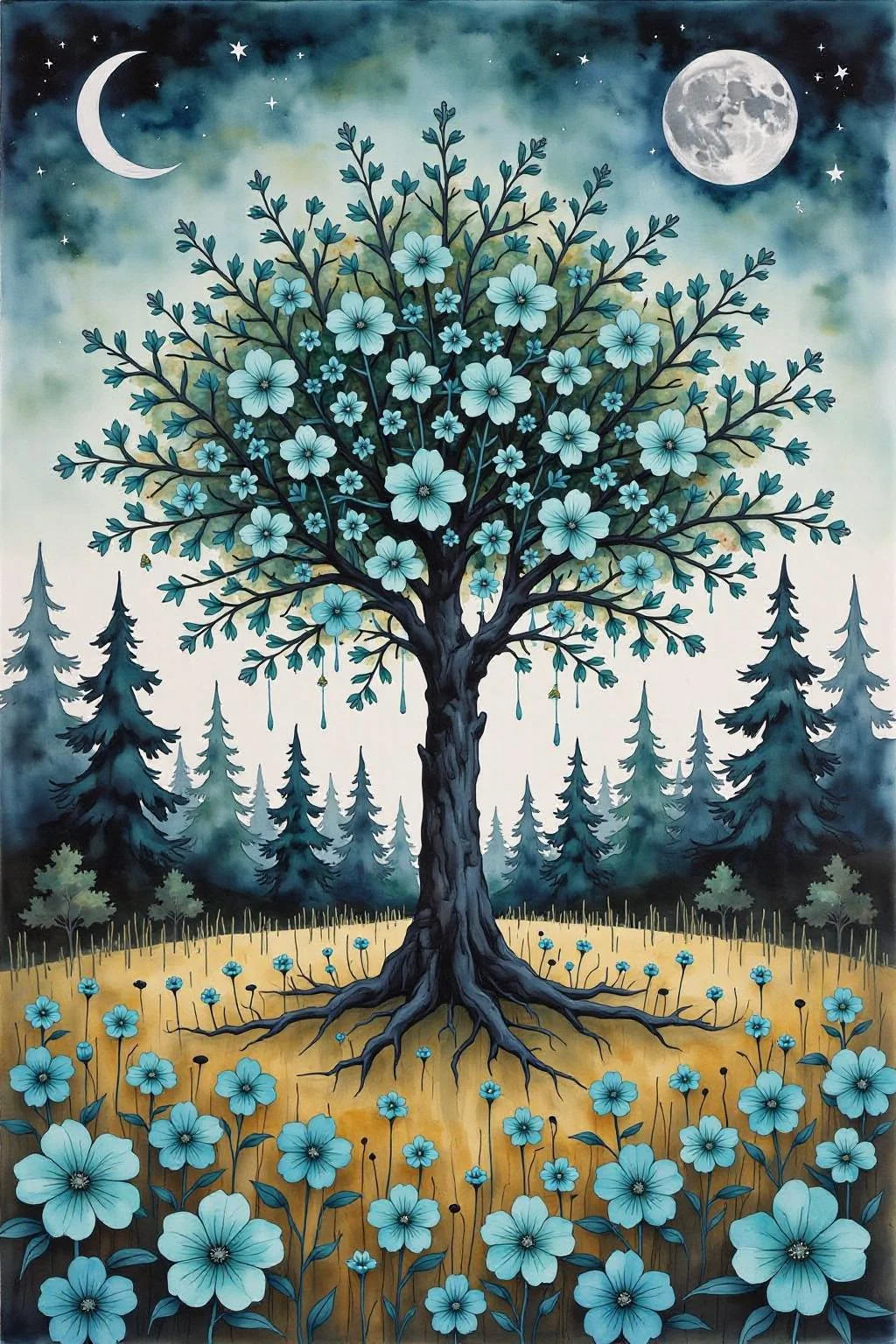 yawc1 watercolor. Full shot of a vibrant painting. A large central tree, rendered in deep black, is adorned with numerous small, teal-colored flowers, giving the impression of a blossoming canopy. The flowers are subtly detailed, appearing almost like tiny, decorative elements. The tree's branches spread out, forming a broad crown of flowers. Surrounding the central tree are smaller, similarly designed trees of varying heights, all in shades of deep teal and black. These trees also sport clusters of small teal-colored flowers attached to their branches. The sky is a light teal, dotted with stars. Two crescent moons are visible, one on either side of the central, dominant full moon high up, which is silvery white. A field of large, vibrant teal flowers covers the foreground and lower middle ground. The flowers are positioned closely together, creating a dense carpet of color. The ground is colored a pale mustard or golden yellow. Smaller, dark forest trees are visible at the far left and right foreground. The entire scene creates a feeling of a magical, floral woodland or enchanted forest under a night sky. The colors are bright and eye-catching, with a gentle overall palette. <lora:yawcolor_nocap1_d4a2:1.0> <lora:Flux-Sch-SingleBlocks-BF16:1.0><lora:799519402363080402:0>