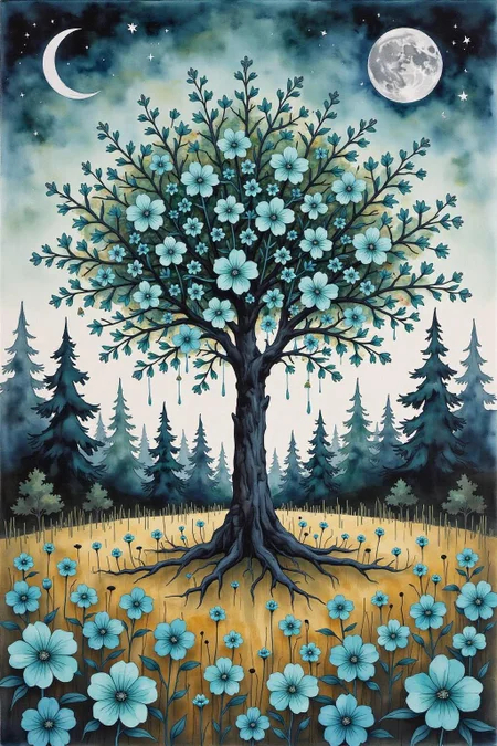 yawc1 watercolor. Full shot of a vibrant painting. A large central tree, rendered in deep black, is adorned with numerous small, teal-colored flowers, giving the impression of a blossoming canopy. The flowers are subtly detailed, appearing almost like tiny, decorative elements. The tree's branches spread out, forming a broad crown of flowers. Surrounding the central tree are smaller, similarly designed trees of varying heights, all in shades of deep teal and black. These trees also sport clusters of small teal-colored flowers attached to their branches. The sky is a light teal, dotted with stars. Two crescent moons are visible, one on either side of the central, dominant full moon high up, which is silvery white. A field of large, vibrant teal flowers covers the foreground and lower middle ground. The flowers are positioned closely together, creating a dense carpet of color. The ground is colored a pale mustard or golden yellow. Smaller, dark forest trees are visible at the far left and right foreground. The entire scene creates a feeling of a magical, floral woodland or enchanted forest under a night sky. The colors are bright and eye-catching, with a gentle overall palette. <lora:yawcolor_nocap1_d4a2:1.0> <lora:Flux-Sch-SingleBlocks-BF16:1.0><lora:799519402363080402:0>