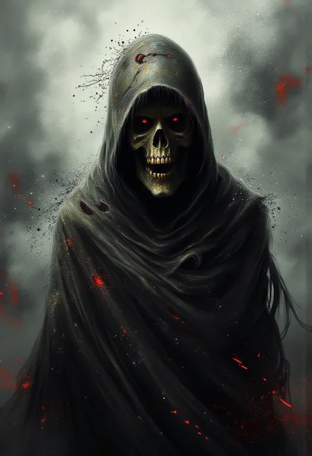 high quality, ultra detailed, colorful, abstract, bo-bioluminescent, bo-abyss, a highly detailed digital artwork depicting a dark, hooded figure standing in a foggy, rural setting, the figure is shrouded in a hooded cloak, which is draped over their shoulders and slightly obscures their face, creating a sense of mystery and dread, the cloak is made of a soft, silky fabric that drapes over the figure's shoulders, adding to its ethereal quality, the garment is intricately designed with gaseous textures and patterns, the figure's face is skeletal, implying some form of paranormal element, partial shadows and glowing red eyes give a mysterious feel while the bottom jaw and teeth are prominent and reminiscent of the grim reaper, the shot is a portrait of the figure and their menacing, gaping mouth and glowing red eyes, the background is blurred, but it appears to be a rural town, a misty, dark atmosphere, scattered dust particles are floating in the air, adding a surreal and forboding quality to the scene, the overall color palette is dominated by shades of black, with some hints of red and yellow, enhancing the sense of otherworldly eeriness, The scene has a dark, ambiance. The background features layers of glitch art, fragmented texts, and metallic textures. contrasting against the monochromatic tones of black, grey, and hints of red. Smudged paint and scratches add a sense of decay and technology