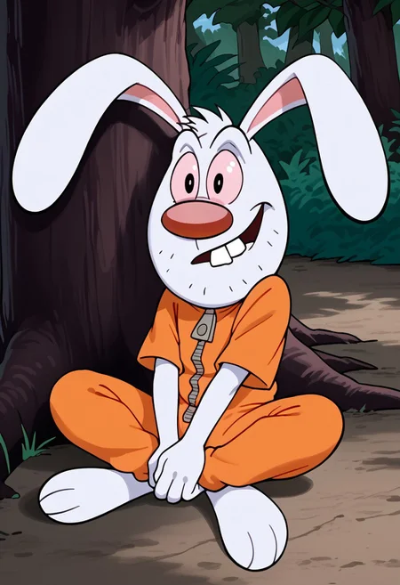 Score_9, score_9_up, solo, 1boy, furry, rabbit, animal, white fur, big nose, red nose, pink sclera, black eyes, buckteeth, uneven teeth, rabbit ears, floppy ears, aftershave, orange jumpsuit, three toes, sitting under a tree, legs crossing