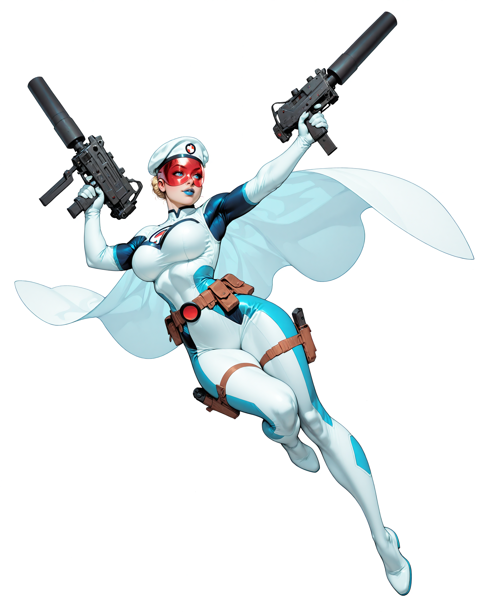 solo, (full body shot, wide shot:1.2), 1girl, (30 year old Russian woman:1.2), beautiful female cyborg spy, fair skin, (white with light blue accents superhero bodysuit with armor padding:1.3), white body armor vest, thigh pistol holsters, white cloak, white military beret, cyborg, cybernetic seams, utility belt, blue eyes, epic red visor, blonde hair, hair bun, white arm length gloves, slim waist, (toned body:1.1), (large breasts:1.2), wide hips, ultra detailed face, (blue lips:1.2), confident closed mouth smile, strong jaw line, white thigh high superhero boots, (shooting a mac-10 machine pistol with a suppressor:1.2), white background, (dynamic pose, dynamic composition, dynamic angle:1.2), digital painting, masterpiece, best quality, very awa, absurdres, 8k, comic art style, detailed,

ArsMJStyle, Colored pencil hyperdetailed realism, masterpiece, very aesthetic, G0thicL1nes, C0M1C5 Style, c0m1c5 style, (borderless), cgstyle, SUP3RH3R0 Style, sup3rh3r0 style, comic art style, C0M1C5 Style, c0m1c5 style, SMG-0  