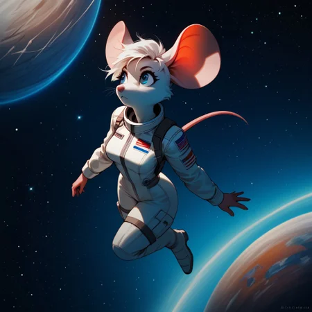 score_9, score_8_up, score_7_up, anime style, anthro mouse, BeckieMouse, solo, Floating, in space, space suit, medium breasts, Look of wonder and amazement, stars, From above, far away,