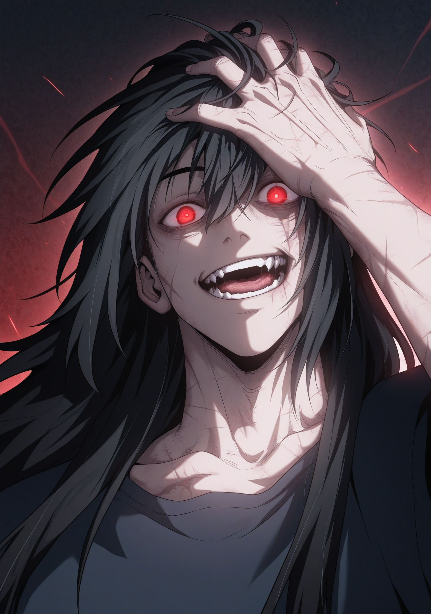 masterpiece,best quality,amazing quality,
1boy,looking at viewer,upper body,<lora:lihuowang2-000005:1>,lihuowang,long hair,black hair,scar,glowing eyes,crazy eyes,hand on own head,
