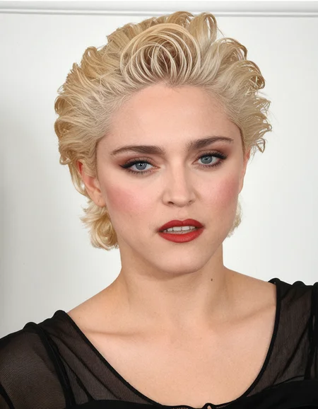 Madonna a woman with short swept back pixie cut, blush, dark eyeliner and mascara and red lipstick, blue eyes, in a black dress, with a white wall in the background. She has a confident and determined expression on her face, as if she is ready to take on the world. Her hair is styled in a classic bob. 1girl, solo