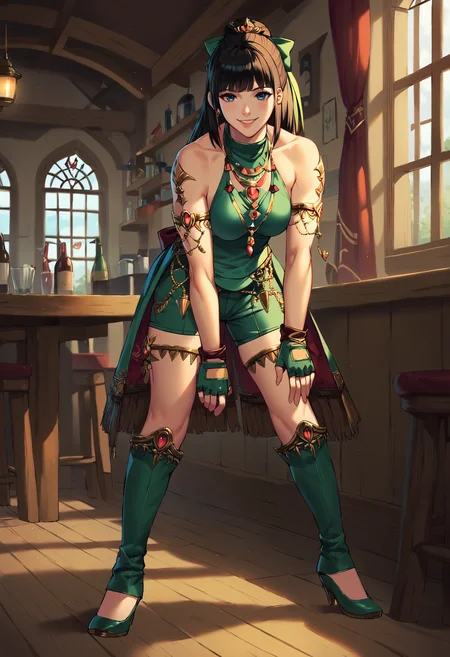 score_9, score_8_up, score_7_up, zPDXL2, score_9, score_8_up, score_7_up, tavern, looking at viewer, smile, leaning forward, facing viewer, window, standing, on stage,
BREAK etoile dancer,bare shoulders, fingerless gloves, jewelry, fringe trim, shorts, bow, hair ornament, green ribbon,  hair ribbon, armlet, thigh strap, dancer heels, high heels, dancer skirt, green boots, (green clothing:1.5) <lora:Etoile_Dancer:1>