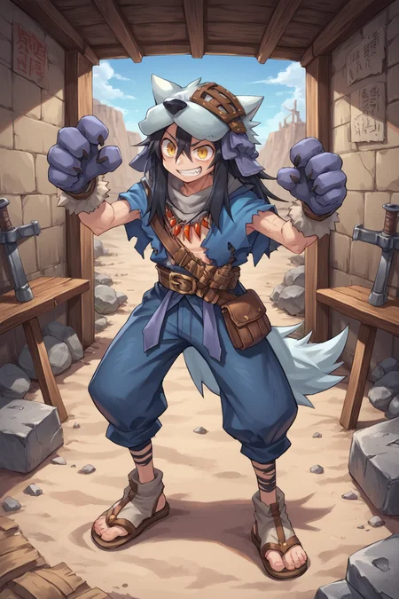 score_9, score_8_up, score_7_up, score_6_up, source_anime, BREAK, <lora:FlunkyPonyXL:0.75> , fludef, 1boy, black hair, long hair, yellow eyes, wolf hat, wolf hood, wolf pelt, wolf tail, grey scarf, bandana around neck, necklace, tooth necklace, fur trim, blue vest, torn clothes, paw gloves, sandals, grin, closed mouth, happy, scenery, interior, indoors, full body, (solo), (dynamic pose, action pose), <lora:backgroundsetXL:0.25> , background, village, wasteland, desert,  <lora:y0tt4:0.7> , y0tt4,