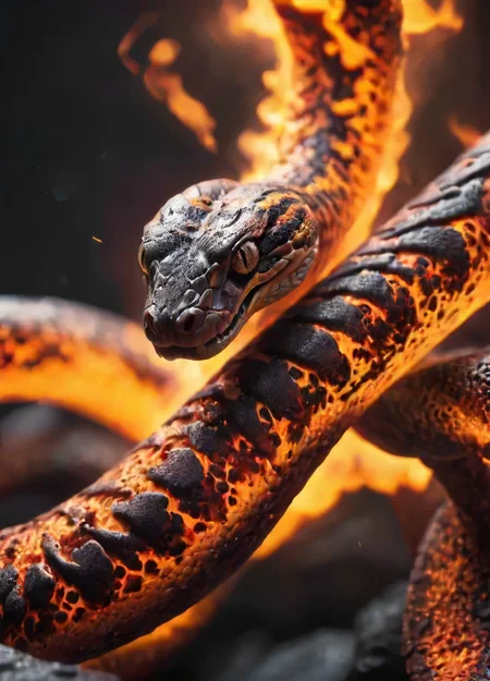 depiction of a snake made out of glowing hot iron slithering trough cold steaming nitrogen, intricate, detailed, <lora:- SDXL - frzrenit_red_hot_nitro_V2.0:.8>