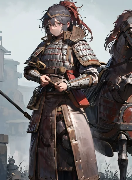 (photorealistic, realistic: 1.1), scale armor, wh chi armor, (masterpiece:1.1025), (best quality:1.05), (an extremely delicate and beautiful:1.05), (extremely detailed CG unity 8k wallpaper:1.05), (absurdres:1.05), (ultra-detailed:1.05), (1girl:1.1), cowboy shot, (holding sword:1.3), (sword:1.3), (fighting stance:1.3), armor, hanfu, looking at viewer, serious, detailed black long hair, ponytail, bangs, detailed black eyes, armored headband, armored dress, gorget, flames of war, detailed background, depth of field, blood on clothes, blood on face, outdoors, detailed cloudy sky, gold trim, red trim, shiny skin, delicate pattern, intricate detail<hypernet:anime:1>