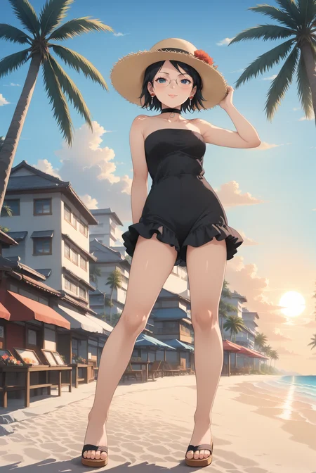 score 9, score 8 up, score 7 up, high res image, masterpiece, best quality, source anime, intricate details, anime screencap, official style, solo, 1girl, sarada uchiha, florida outfit, alternate costume, cute face, clear skin, shiny hair, beautiful face, o-ring choker, sun hat, hat flowers, frills, black romper, flip flops, hand in own hair,arm behind back, spoken heart, heart, looking at viewer, full body, candid shot, from below, sunset, golden hour, outdoors, beach, sky, crepuscular rays, clouds, palm trees, <lora:sarada_uchiha_pony_rc1:1>,