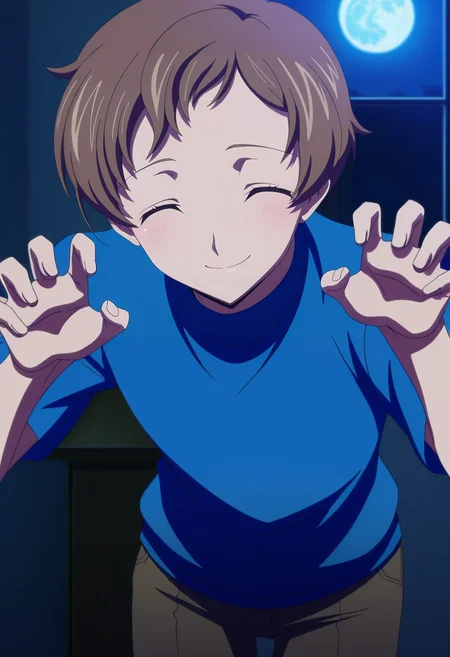 masterpiece, best quality, anime screencap, official style, anime coloring, cowboy shot, 1boy, solo, male focus, <lora:rolo_lamperouge_ilxl:0.9>, rolo_lamperouge, brown hair, purple eyes, short hair, aged up, , close-up, dining room, night, full moon, claw pose, (closed eyes:1.2), smile,