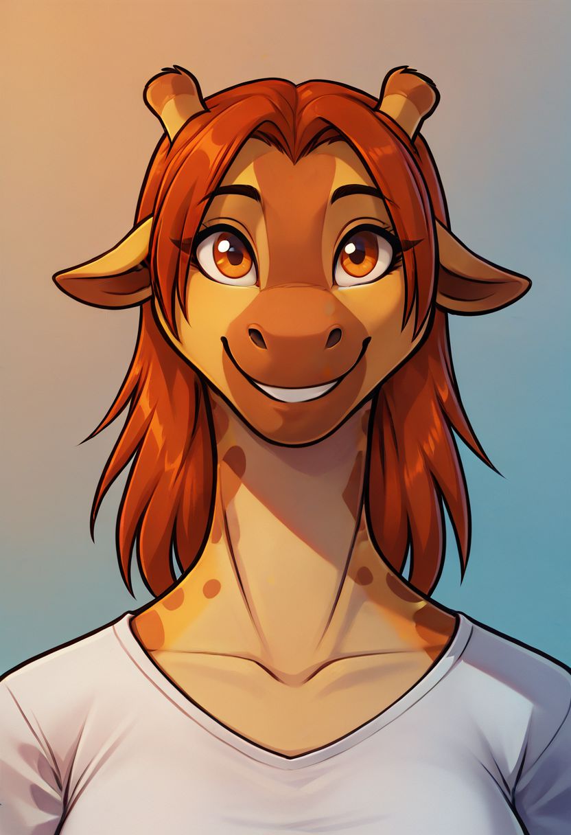 score_9, score_8_up, score_8, 1girl, smooth, anthro giraffe, orange eyes, highly detailed, perfect, high quality, high definition, shirt, face, up close face, looking at viewer, smiling, close up, face focus