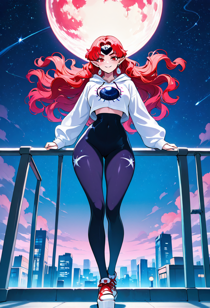 masterpiece, best quality, solo, curvy, beautiful eyes, narrow waist, wide hips, 1girl, solo, smile, looking at viewer, dynamic angle, foreshortening, close up,     zzBeryl, red eyes, long hair, pointy ears, red hair, wavy hair,   ,<lora:QueenBerylSailorMoon_IXL:1.0>, [Celestial Streetwear], Oversized moon hoodie, starglyph tights, platform sneakers, alien earrings, Leaning on a rooftop at night, surrounded by cosmic city lights and a starry sky.