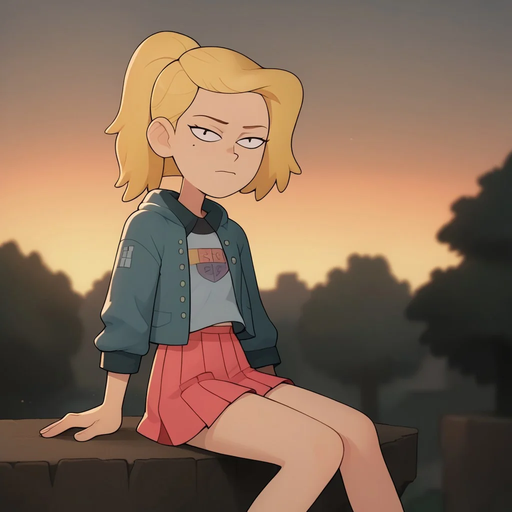 score_9, score_8_up, score_7_up, Loodncrood, 1girl, sasha waybright, blonde hair, ponytail, black eyes, mole under eye, grey hoodie, blue shirt, logo on shirt, pink skirt, pleated skirt, denim jacket, sunset, sitting on a cliff edge, trees