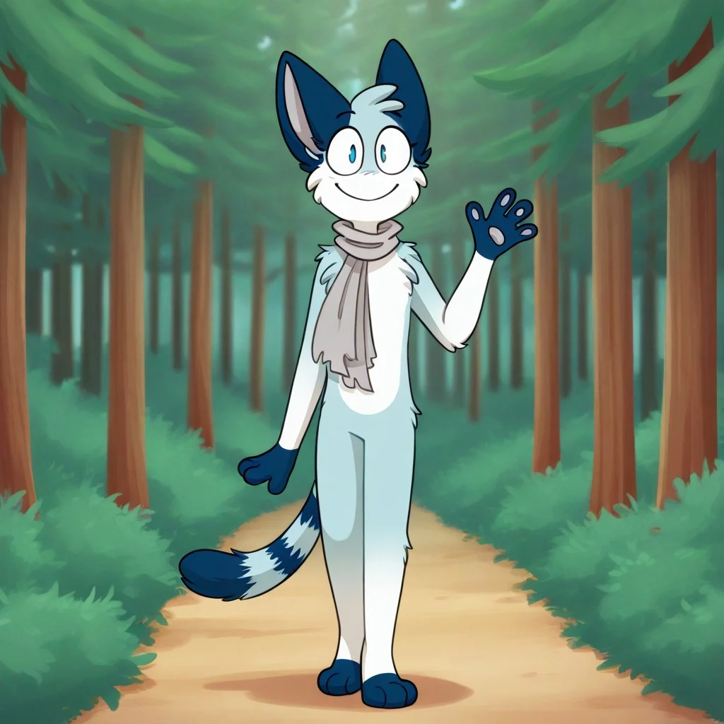 Reiny(RB), solo, 1girl, anthro, female furry, cat, catgirl, blue and white fur, dark blue ears, dark blue paws, striped tail, blue eyes, gray scarf, sunny, forest background, full body, looking at viewer, waving at viewer, smiling