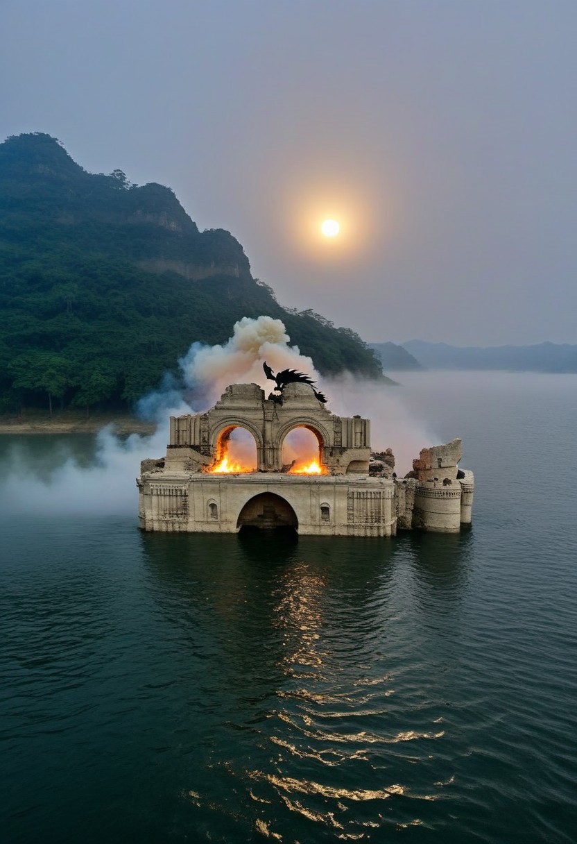 QU3CHULA, ruins, temple, water, full building view, lake FOG, DARKNESS, NIGHT, FULL MOON, TORCHS, SHADOWS, masterpiece, best quality, very aesthetic, absurdres
a giant black dragon big wings 4 legs 2 heads throwing one head throw fire other head throw poison inside the ruins  a group of warrior on a boat ready to fight, eagles flying