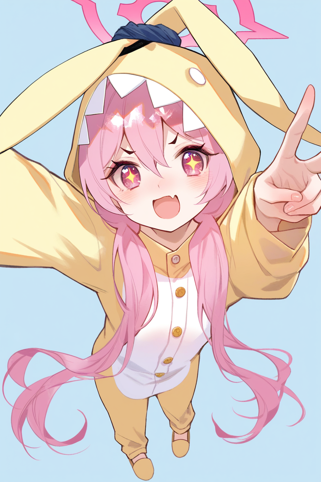 1girl,koyuki_(pajamas),halo,pink hair,hood,animal costume,symbol-shaped pupils,pink eyes,slippers,
(nanakusa yomogi),fuzichoco,(qizhu:0.8),
year_2023,foreshortening,highres,high definition,absurdres,amazing quality,best quality,masterpiece,very aesthetic,masterpiece,simple background,
v,standing,,<lora:koyuki_pajamas_noob-000027:1>