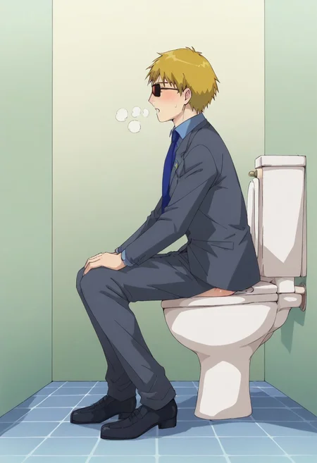 source_anime, highly detailed, handsome, attractive,erotic,score_9, score_8_up, score_7_up, score_9, score_8_up, score_7_up, source_anime, <break> mitsuo yamaki,1boy, male focus, solo, blonde hair, sunglasses, grey suit, blue collared shirt, blue necktie, grey pants, black shoes, full body,
indoor, office building interior, window, cityscape, from side,looking from side, sweaty, blushes when he farted, sideview asscheek, indoors, restroom, sit, lower half exposed, leaning forward, asscheek sitting on toilet, japanese toilet, shidder, bare ass sitting on the toilet, indicating he has a stomach ache, ,toilet, diarrhea in the toilet, (toilet use:1.6) , pooping on the toilet, , diarrhea, high quality, masterpiece, newest, latest full body, farting while pooping, relieved while defecating on the toilet, resting elbows on knees sit pose, pants pull, pants pulled around knees, fart, farting, pooping, pffttt! fart effect onomatopoeia, farting on toilet,view from side, toilet, highlighted on his bare ass sitting on the toilet, sexy sideview, <lora:sdxl_lightning_8step_lora:1> <lora:detailed_notrigger:1> <lora:Smoothanime:1>OverallDetailed<, <lora:pony_toilet:0.7> <lora:detail:1> <lora:Smooth Anime:1><lora:EMS-440908-EMS:1.000000>
