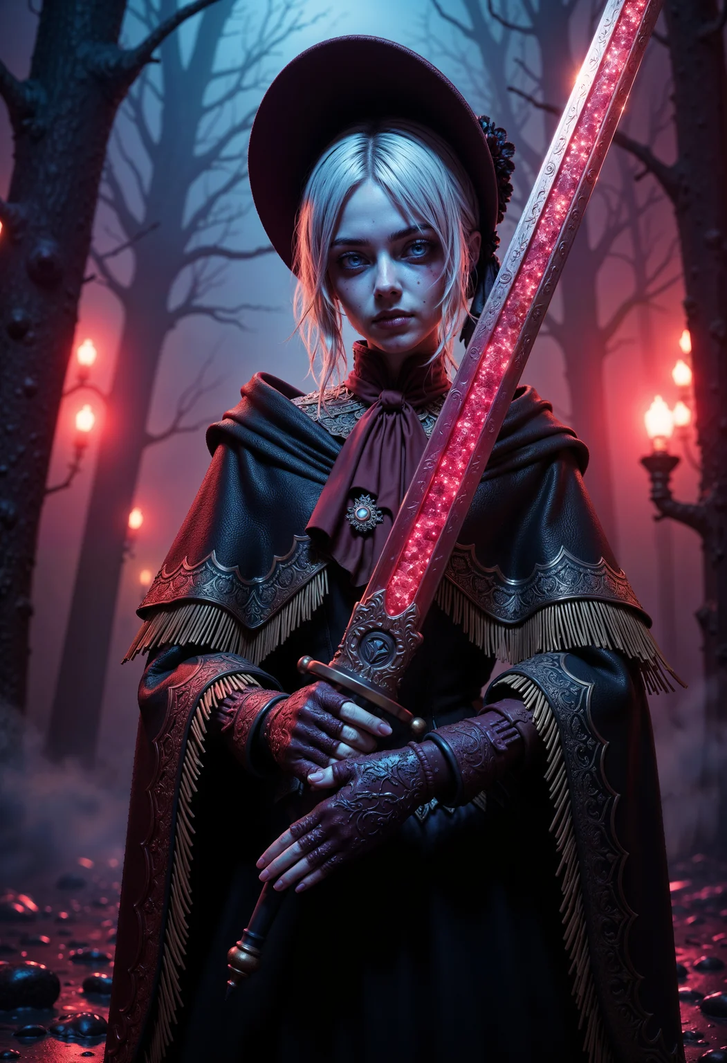 A dark and dramatic scene of PlainD0ll, standing confidently in the center, her slender form draped in intricate detailed outfit. Her face is partially obscured by her silver hair, revealing only her cold, determined eyes. She wields a massive rune-etched greatsword, glowing faintly with a vibrant scarlet light, hovering just above her hand as if controlled by her sheer will. Her doll hands, gloved in ornate metallic designs, grip the sword’s hilt with deadly precision. The background is shrouded in darkness, accented by splashes of vivid neon reds, blues, and purples that create an otherworldly, chaotic atmosphere. The scene blends cyberpunk and dark fantasy aesthetics, emphasizing dramatic lighting, high contrast, and a shallow depth of field. Bokeh effects and film grain add a cinematic, moody quality to the shot, capturing PlainD0ll’s haunting beauty and deadly presence in stunning, highly detailed fashion. (maximum ultra high definition image quality and rendering:3), maximum image detail, maximum realistic render, (((ultra realist style))), realist side lighting, , 8K high definition, realist soft lighting, (amazing special effect:3.5) <lora:FluxPlainDoll:1>