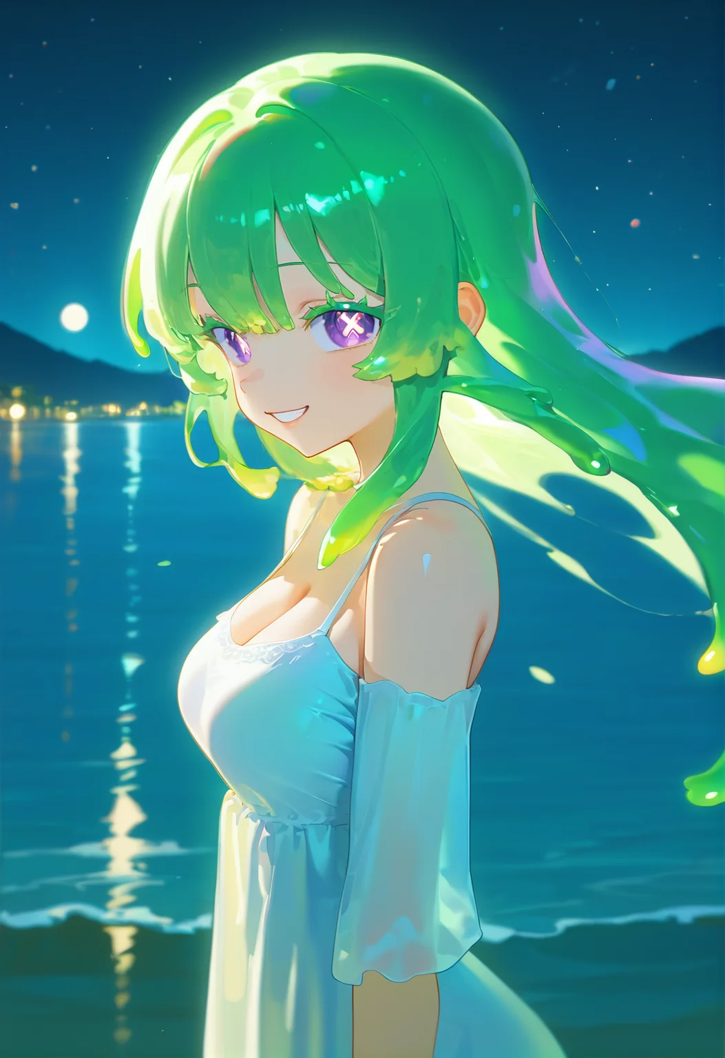score_9_up, masterpiece, best quality, amazing quality, very aesthetic, absurdres 1girl, solo girl, standing, upper body shot, sideeye, from side, warm smile, night, lake in background, moon, stars,
<lora:Neneya_Green_Pony_V2.0:1> Neneya Green, purple eyes, smile, x-shaped pupils, grin, looking at viewer, cleavage, (((adult))) medium breast, looking at viewer, white dress,