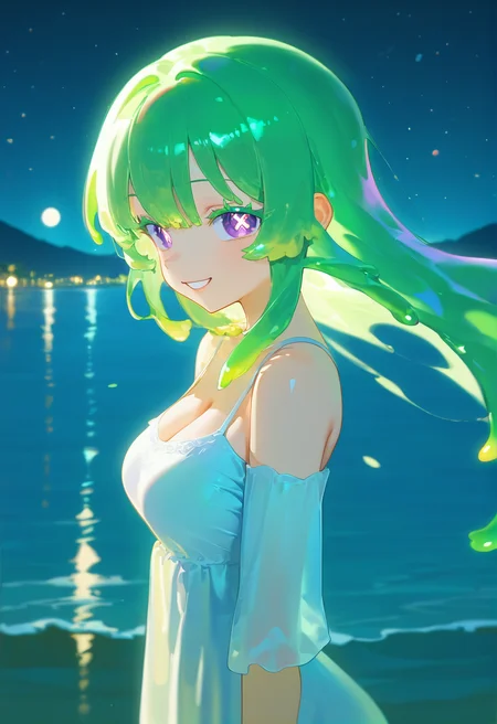 score_9_up, masterpiece, best quality, amazing quality, very aesthetic, absurdres 1girl, solo girl, standing, upper body shot, sideeye, from side, warm smile, night, lake in background, moon, stars,
<lora:Neneya_Green_Pony_V2.0:1> Neneya Green, purple eyes, smile, x-shaped pupils, grin, looking at viewer, cleavage, (((adult))) medium breast, looking at viewer, white dress,
