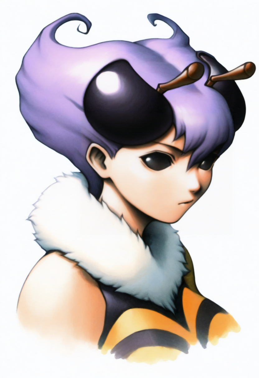 masterpiece, best quality, solo, 1girl, looking at viewer, <lora:FF7-Portraits-illus_Fp:1>, simple background, portrait, white background, <lora:Qbee-illus_Fp:1>, qbee, arthropod girl, antennae, short hair, purple hair, black eyes, insect wings, leotard, fur collar,