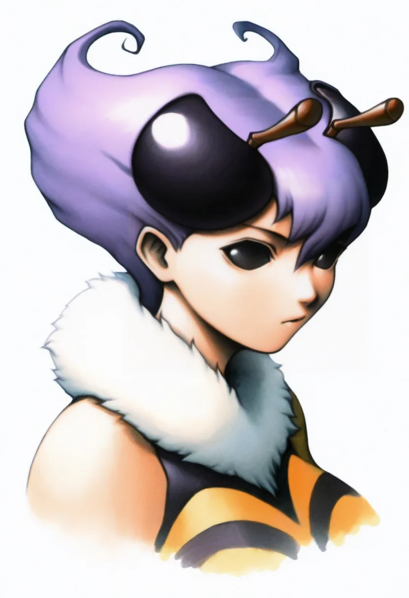 masterpiece, best quality, solo, 1girl, looking at viewer, <lora:FF7-Portraits-illus_Fp:1>, simple background, portrait, white background, <lora:Qbee-illus_Fp:1>, qbee, arthropod girl, antennae, short hair, purple hair, black eyes, insect wings, leotard, fur collar,