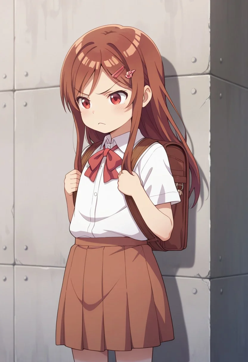 masterpiece,best quality,amazing quality, sakuramori akane, long hair, brown hair, red eyes, female child, child, 1girl, solo, hair ornament, bag, backpack, hairclip, skirt, shirt, short sleeves, school uniform, bow, wall, frown