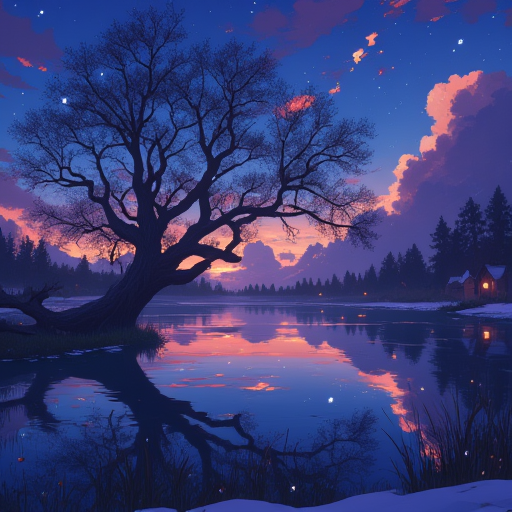 lndscpx, a winter landscpae scnerey, high resolution and very detailed moody anime image with a moody sunset behind billowing clouds, nightly sky, a large oak tree is growing over a small lake, the tree growing like a bridge over the lake